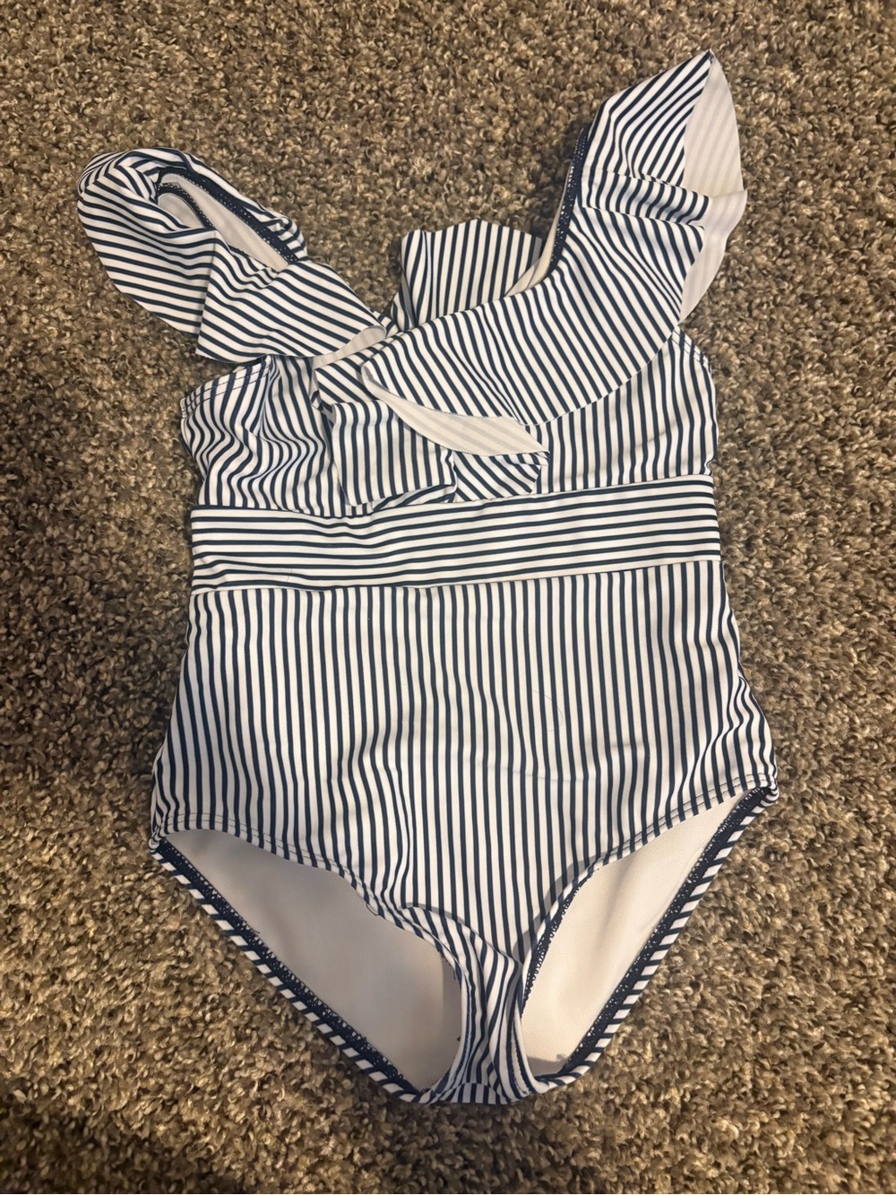 Striped One-Piece Ruffle Swimsuit - Navy & White